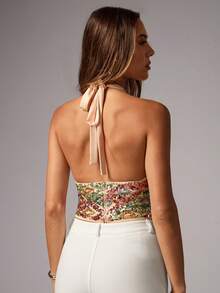 Avenya Top curto com decote em V, sexy e elegante, estilo halter, com bordado de contas - Multicolorido - Ver 5