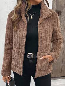 EMERY ROSE Women's Solid Color Zipper Front Casual Pockets Long Sleeve Fleece Jacket Fall Winter Cloth For Women,Brown Jacket - Brown - View 5