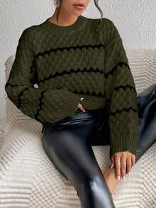 SHEIN LUNE Striped Pattern Contrast Color Crew Neck Casual Long Sleeve Pullover Sweater - Army Green - View 3