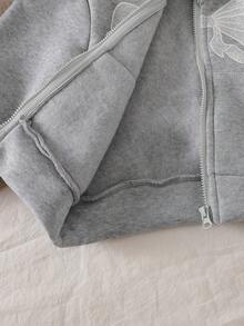 SHEIN 女嬰灰色秋季可愛連帽運動衫外套 蝴蝶結印花設計 附口袋與荷葉邊飾 時尚返校外套 - 灰色 - 查看 6