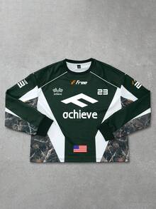 PAVTROS 1pc Men's Loose Fit Pullover Sweatshirt, Camouflage Racing Graphic, Contrast Color Design, Short Sweatshirt, Casual Daily Wear For Young Adults, Autumn/Winter, Great Gift Idea Streetwear, Long Sleeve Top - Dark Green - View 3