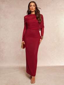 Silquee 优雅浪漫纯色荷叶边领不对称褶皱腰长袖连衣裙 - 酒紅色 - 查看 6