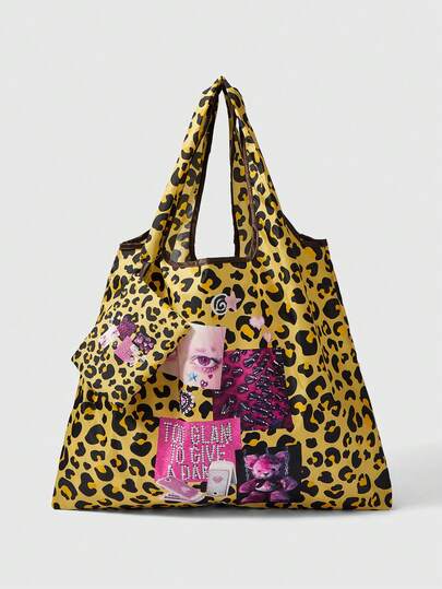 Anime Fashionable All-Over Heart & Music Note Pattern Large Capacity Foldable Tote Bag With Coin Purse, Portable Shopping Bag