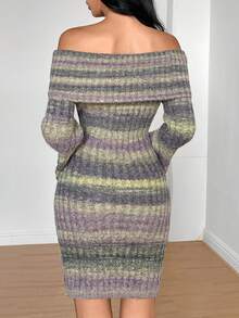 Modelyn 女士优雅彩色条纹露肩扭纹针织连衣裙，秋冬 - 彩色 - 查看 2