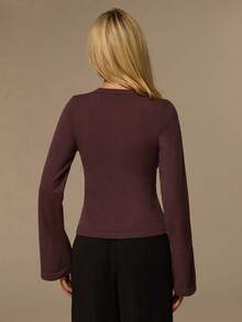 Glamine Áo len dệt kim cổ tròn tay dài ôm vừa vặn họa tiết hoa kim loại rỗng cho nữ - màu nâu - Xem 7