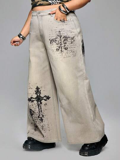 Grunge Punk Plus Size Vintage Washed Cross Print Wide Leg Jeans