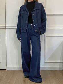 Livesso 女式休闲高领上衣和牛仔裤套装，秋季 - 藍色 - 查看 5