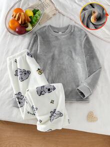 SHEIN Mädchen graues flauschiges Sweatshirt mit Rundhalsausschnitt und langem Arm, kombiniert mit süßer Koala-Muster weißer Fleecehose, umkehrbarer Flanell weich & warm 2 Stücke Pyjama Set