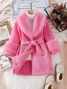SHEIN Elladie kids 女童仿毛领大衣，优雅可爱，适合年轻女孩冬季穿着。优雅女童外套，抓绒外套，秋冬季女童连衣裙，女童大衣。 - 西瓜粉 - 查看 6