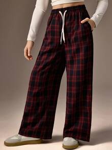 SHEIN Pantalones de cuadros rojos para niñas preadolescentes, pantalones rectos de moda casual de pierna ancha - Verde militar - Ver 4