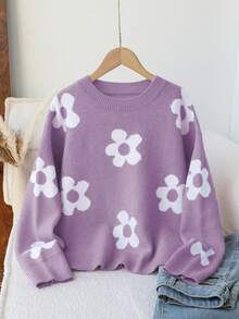 Sparklyn 2025 秋冬新款女式提花花卉学院风套头毛衣，休闲针织上衣 - 紫色 - 查看 1