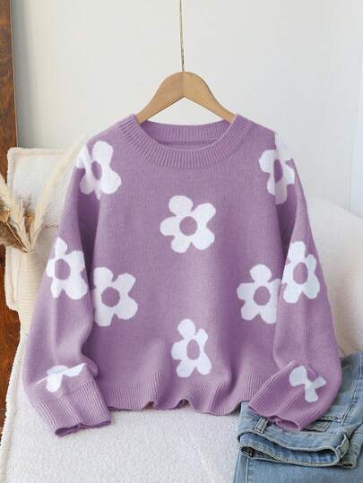 Sparklyn 2025 Nuevo suéter de mujer de estilo universitario con estampado floral jacquard para otoño/invierno, top de punto casual