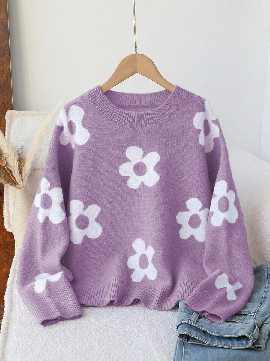 Sparklyn 2025 秋冬新款女式提花花卉学院风套头毛衣，休闲针织上衣 - 紫色 - 查看 1