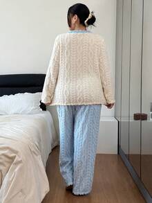 Dream Adore Plus Size Women Colorful Patchwork Textured Jacquard Bow Decor Long Sleeve & Pants Cozy Pajama Set, Winter