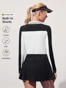CourtClass Damen Farbblock Polokragen Langarm Top und Mini Rock Golf Outfit - Schwarz und Weiss - Übersicht 2