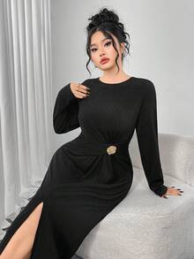 Modelyn Elegant Black Long Sleeve Dress, Waist Ruffle Floral Decor Slit Fitted Mid-Calf Dress/Gown/Evening Wear/Formal Dress - Black - View 5