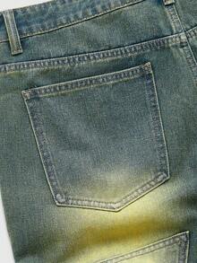 ROMWE MEN Street Life Men's Casual Everyday Washed Rhinestone Embellished Flared Jeans - Light Yellow - View 5