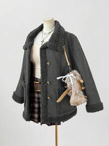 Sweetra Áo khoác ngắn tay dài lót nhung hươu thanh lịch cỡ lớn mới dành cho nữ, dài vừa, dày, mặc được cả hai mặt, mùa đông - Màu xám đen - Xem 8