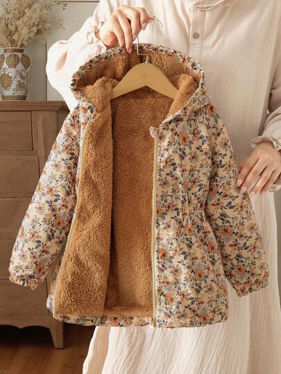 SHEIN Vintaside Kids 1pc Young Girl Winter New 2025 Retro Khaki Floral Thermal Lined Zip-Up Hoodie Sweatshirt With Elastic Waist, Versatile Thick Warm Outerwear