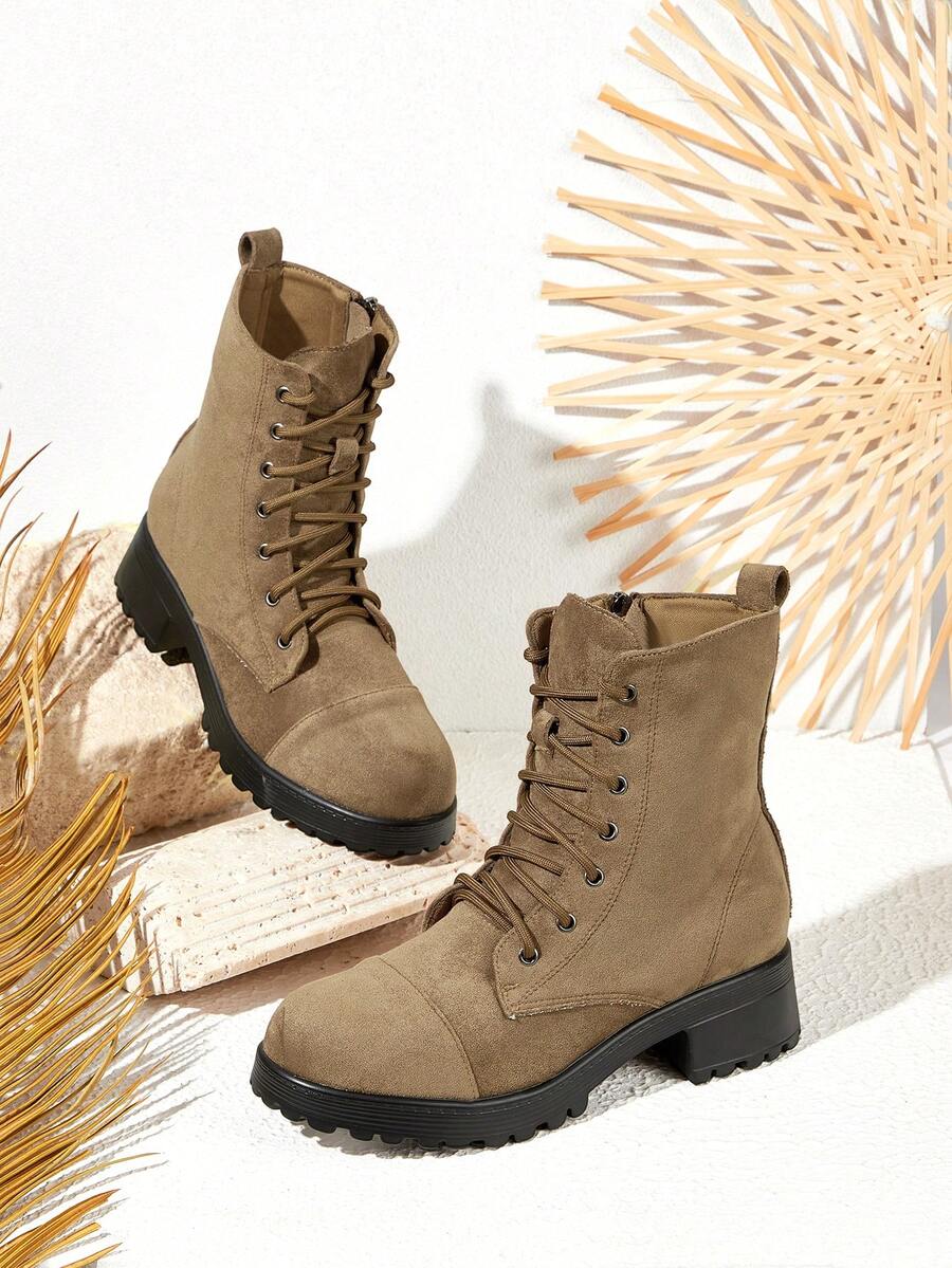 Styleloop Giày bốt cổ ngắn buộc dây đế dày thời trang nữ, bốt Chelsea cổ điển có khóa kéo bên hông và gót chunky, phù hợp cho Giáng sinh, Halloween, lễ hội âm nhạc, phong cách boho mùa thu. - màu nâu - Xem 1