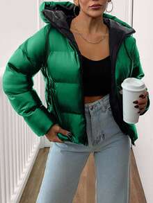 EURMUSE Women's Solid Color Hooded Jacket, Fashionable And Versatile, Autumn/Winter - Dark Green - View 3