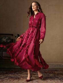 Anewsta 复古立领纽扣花卉拼接高腰系带女式连衣裙，适合秋季、冬季、新年、派对、婚礼、优雅、时尚、别致、潮流、圣诞节、节日等场合。 - 紅色 - 查看 1