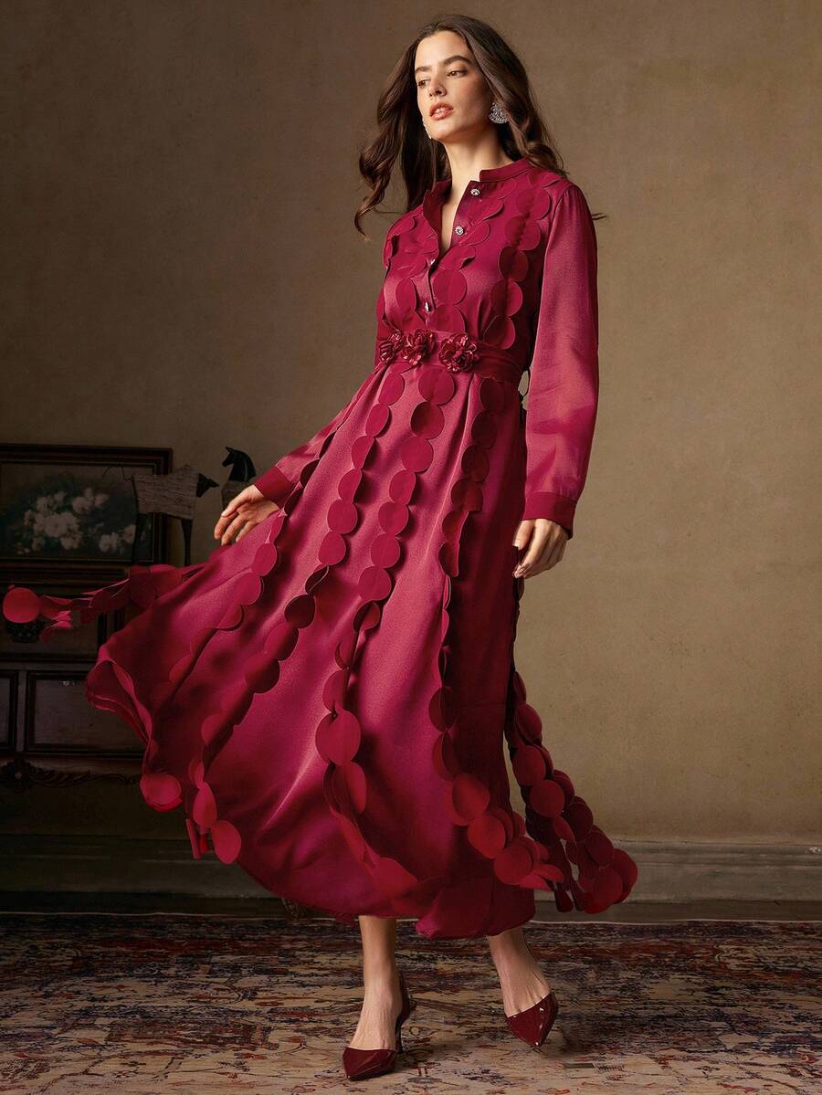 Anewsta 复古立领纽扣花卉拼接高腰系带女式连衣裙，适合秋季、冬季、新年、派对、婚礼、优雅、时尚、别致、潮流、圣诞节、节日等场合。 - 紅色 - 查看 1