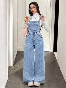 SHEIN 青少年女孩 Y2K 学院风浅色水洗休闲花朵刺绣口袋宽松高腰阔腿牛仔裤牛仔背带裤连体裤（不含 T 恤），女孩秋冬装街头服饰，返校节服装，圣诞服装万圣节服装，适合上学、居家和旅行，刺绣牛仔裤 - 淺色水洗藍 - 查看 6