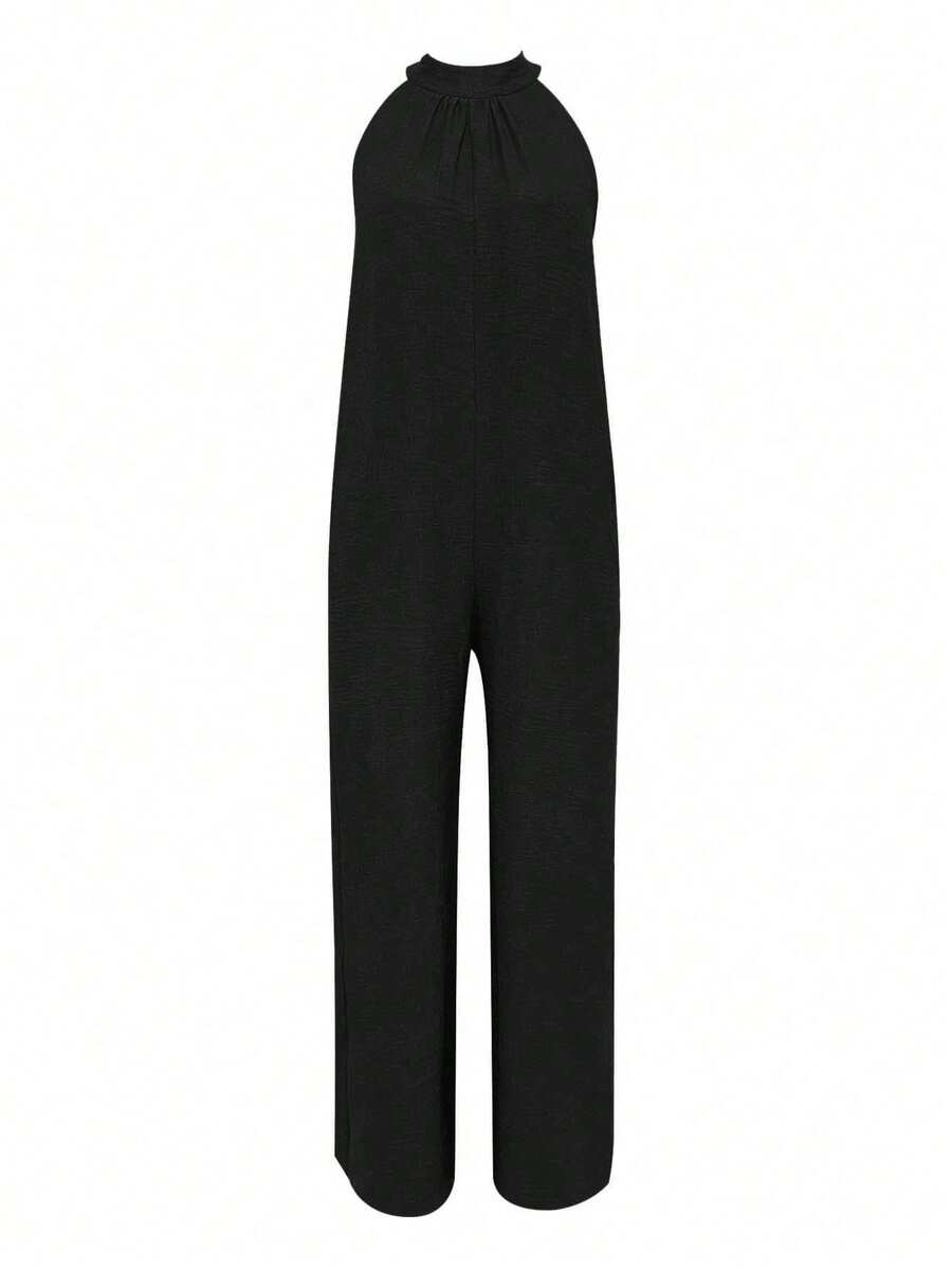 适合年轻女性的无袖荷叶边优雅连体裤 - 黑色 - 查看 1