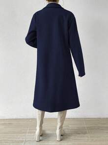 RosyDaze Women's Solid Color Lapel Dropped Shoulder Long Sleeve Double-Breasted Fashionable & VersatilOvercoatat - Navy Blue - View 2
