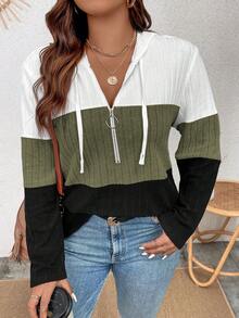 EMERY ROSE Plus Size V-Neck Ring Zipper Decor Long Sleeve Soft Knitted Ribbed Fuzzy Tricolor Contrast Splice Casual Sweatshirt - Multicolor - View 6