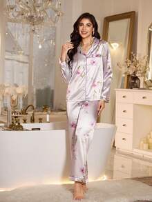 SHEIN 花卉印花仿丝绸翻领女士长袖上衣和裤子睡衣套装，薰衣草色睡衣套装，新娘睡衣套装，秋冬服装 - 紫色 - 查看 6