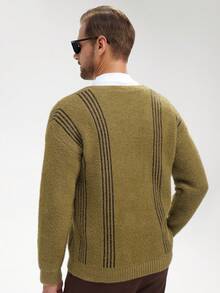 Manfinity CityGents Men's Contrast Stripe V-Neck Long Sleeve Button-Front Casual Knit Cardigan Men Cardigan Knitted Cardigans Knit Wear Cardigan Cashmere, For Winter