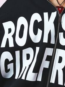 SUMWON 大码个性连帽衫，带有大胆的字体，正面拉链开合，中间有口袋 - 黑色 - 查看 7