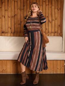 EMERY ROSE Váy kẻ sọc khối màu thường ngày cỡ lớn, mùa thu - Nhiều màu - Xem 4