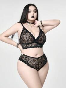 ROMWE Avant 加大码时尚蕾丝透明金属蝴蝶链镂空内衣套装 - 黑色 - 查看 6