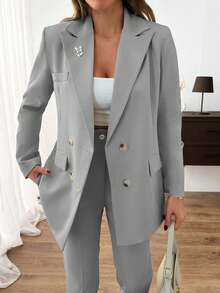 EURMUSE Women Solid Color Suit Sets Blazer Jacket And Pants Rhinestone And Button Front Detailed - Light Grey - View 6