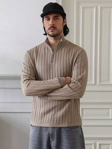 Manfinity Homme Men's Casual Solid Color Long Sleeve Polo Shirt, Versatile For Winter Mock Neck Old Money - Khaki - View 8