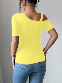 Elenzga Summer Casual Solid Color Asymmetric Collar Short Sleeve T-Shirt