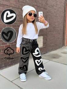 SHEIN Young Girls' Black & White Contrast Color Cute Fashionable Versatile Y2K Style Loose Straight Leg Elastic Waist Jeans Fall Winter - Multicolor - View 5