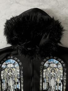 ROMWE MEN Goth Men's Fleece Collar Religious Letter Graphic Loose Zip-Up Hoodie Sweatshirt, Long Sleeve Top - Black - View 2