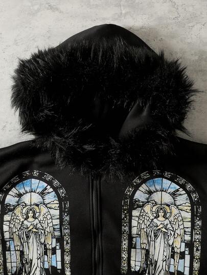 Sweat-shirt-shirt à capuche ample avec fermeture éclair et imprimé de lettre col en polaire pour hommes