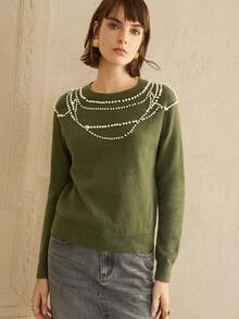 EMERY ROSE Women's Arctic Fleece Regular Fit Pearl Decorated Everyday Sweater    Sweater Winter Clothes - Green - View 9