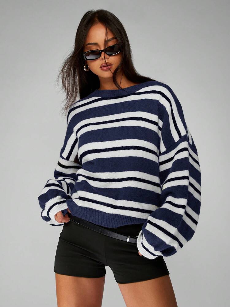 MISSGUIDED Oversized Striped Jumper Pullover Sweater With Boxy Fit For Fall Winter Casual Knit Top