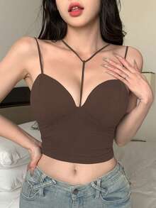 DAZY 女士吊带背心，内置衬垫胸罩，细肩带设计 - 棕色 - 查看 6