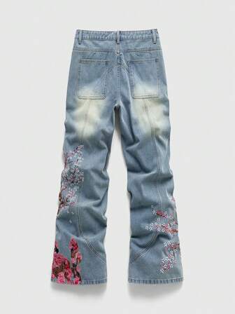 Street Life Herren Lässig Gewaschen Bestickte Schlagjeans