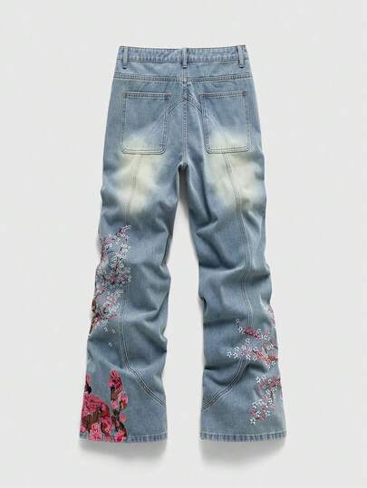 Street Life Herren Lässig Gewaschen Bestickte Schlagjeans