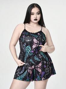 ROMWE Goth 加大码哥特式飞蛾花卉蛇植物蘑菇全身印花蕾丝边缎面吊带背心和短裤睡衣套装 - 黑色 - 查看 4