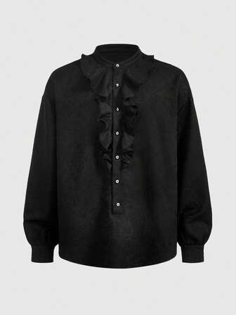 Grunge Punk Camicia elegante da uomo a maniche lunghe con bottoni frontali e volant, colore unito, adatta per l'autunno