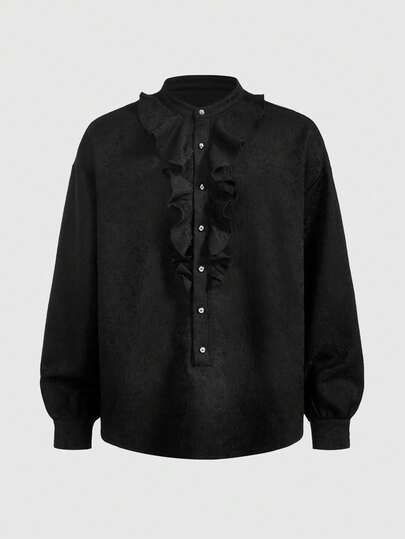 Grunge Punk Men Solid Color Ruffle Gothic Front Button Elegant Long Sleeve Shirt, Fall